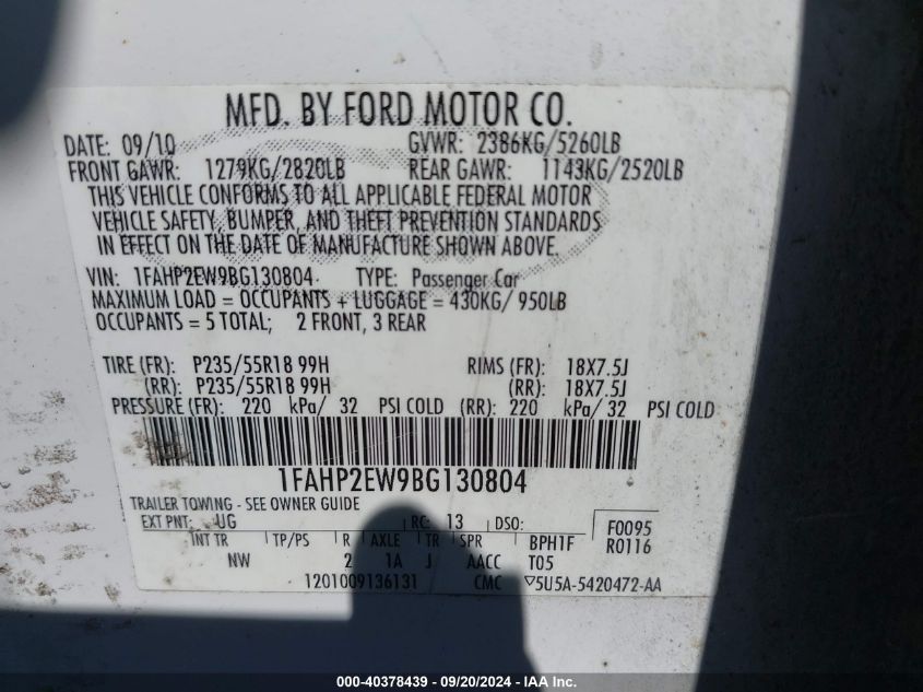 2011 Ford Taurus Sel VIN: 1FAHP2EW9BG130804 Lot: 40378439