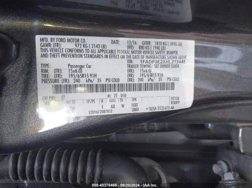 2017 FORD FOCUS S - 1FADP3E2XHL212445