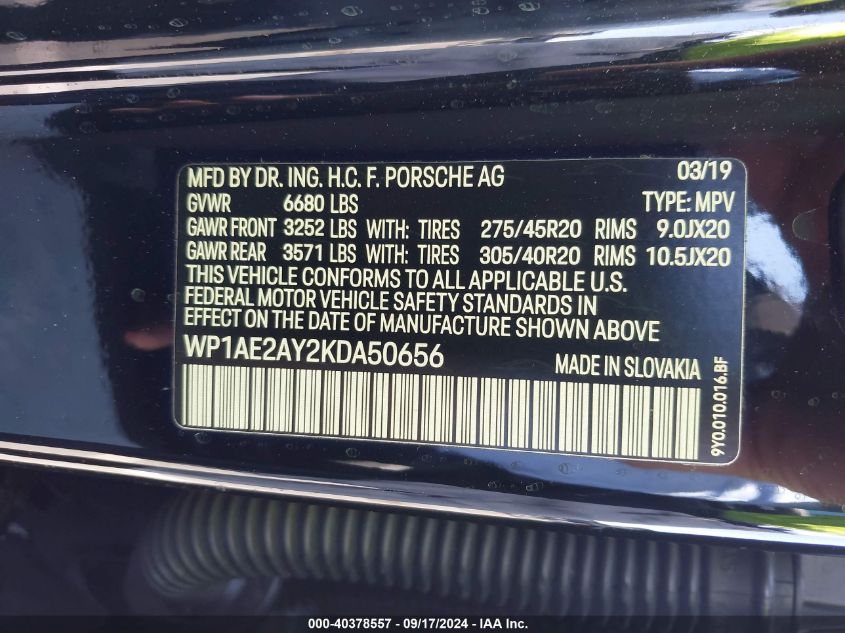 2019 Porsche Cayenne E-Hybrid VIN: WP1AE2AY2KDA50656 Lot: 40378557