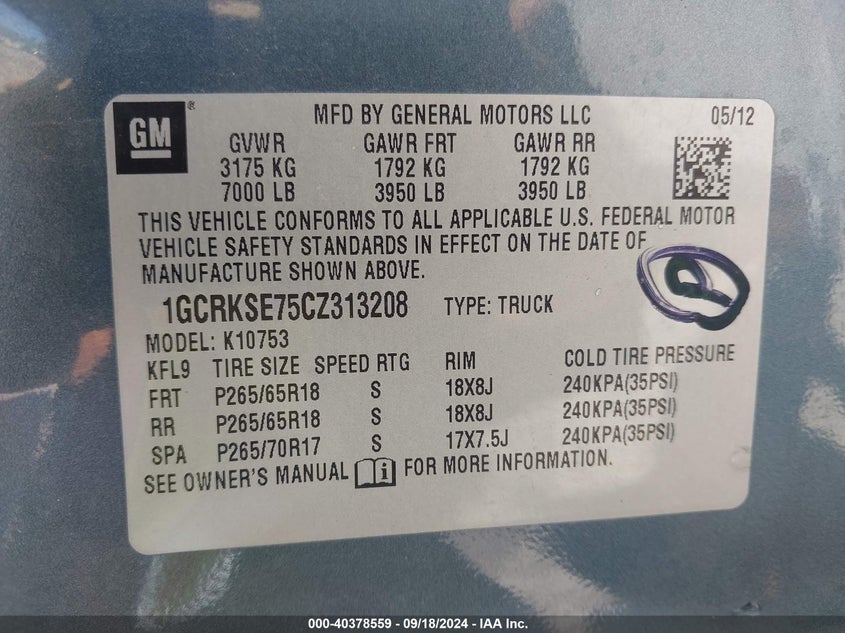 1GCRKSE75CZ313208 2012 Chevrolet Silverado 1500 Lt