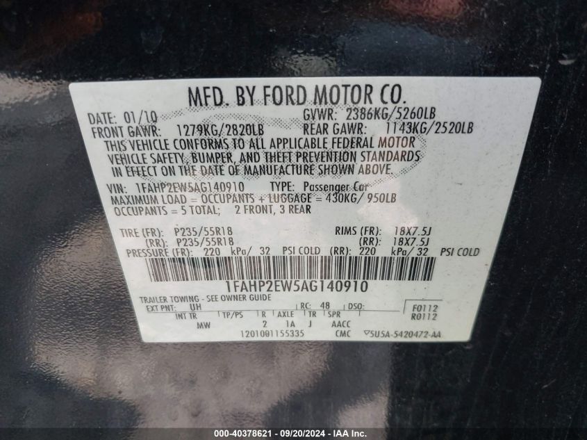 2010 Ford Taurus Sel VIN: 1FAHP2EW5AG140910 Lot: 40378621