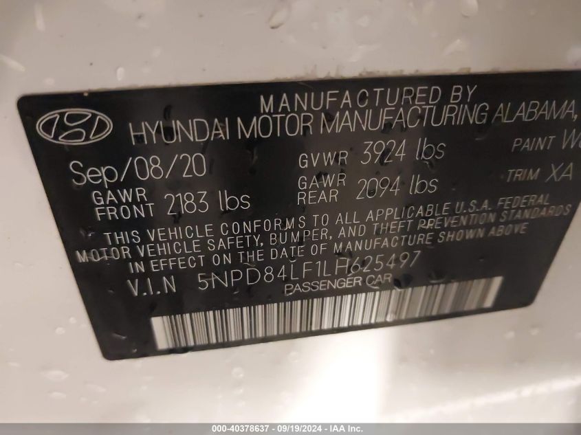 2020 Hyundai Elantra Limited VIN: 5NPD84LF1LH625497 Lot: 40378637