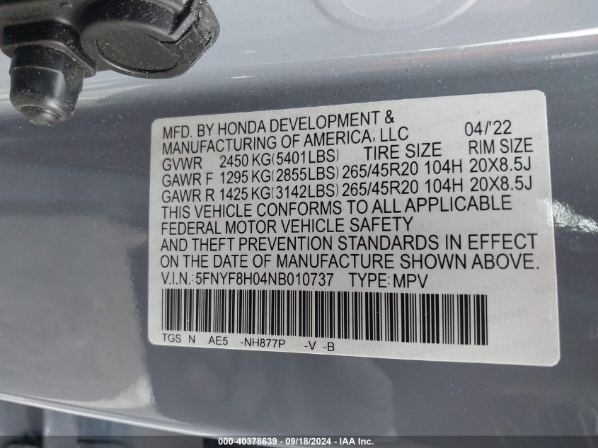 5FNYF8H04NB010737 2022 Honda Passport Awd Elite