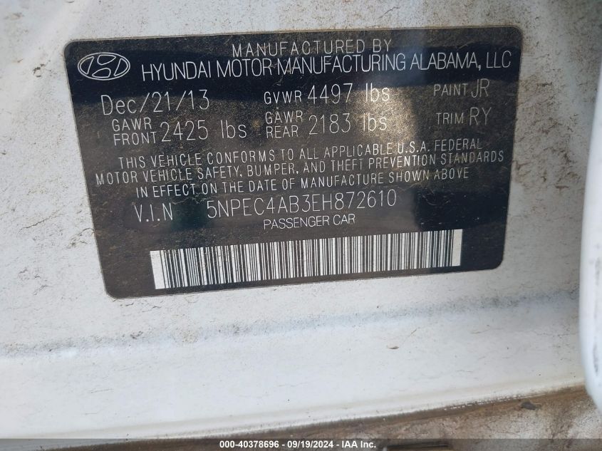 5NPEC4AB3EH872610 2014 Hyundai Sonata Se 2.0T