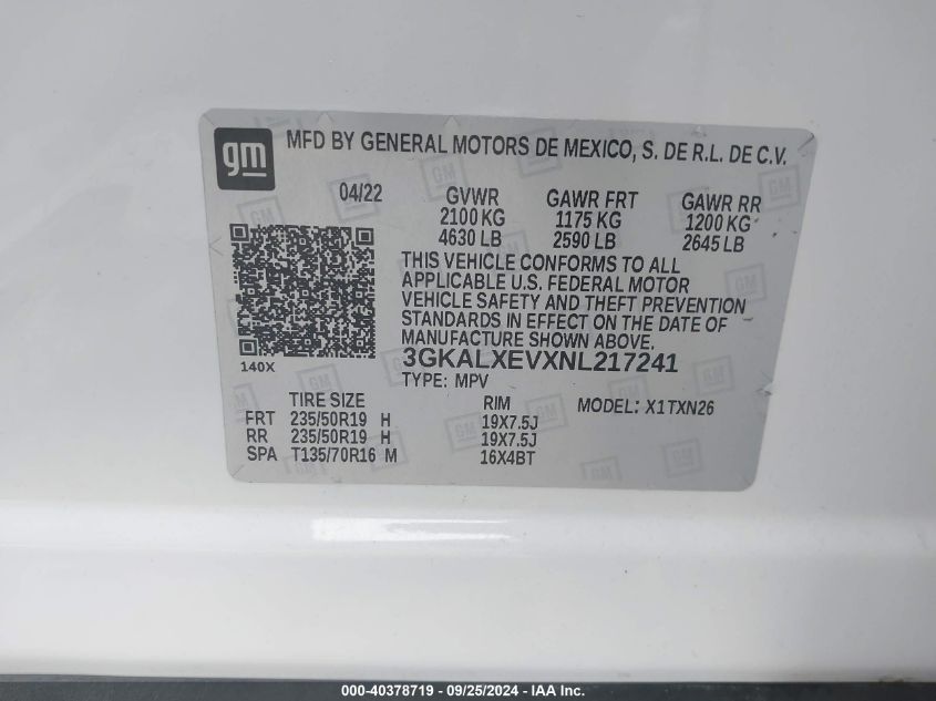 2022 GMC Terrain Awd Denali VIN: 3GKALXEVXNL217241 Lot: 40378719