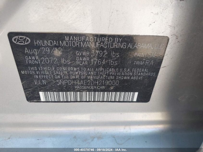 5NPDH4AE2DH219000 2013 Hyundai Elantra Gls