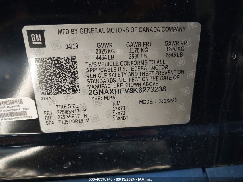 2GNAXHEV8K6273238 2019 Chevrolet Equinox Ls