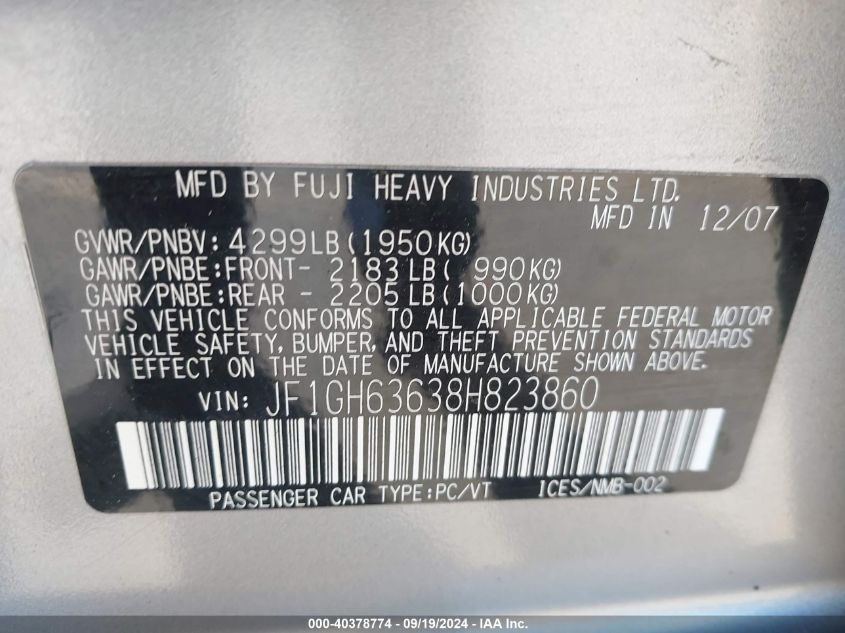 2008 Subaru Impreza Outback Sport VIN: JF1GH63638H823860 Lot: 40378774