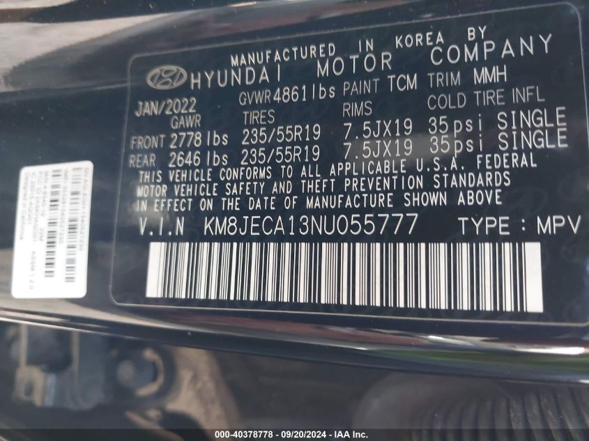 KM8JECA13NU055777 2022 Hyundai Tucson Hybrid Limited