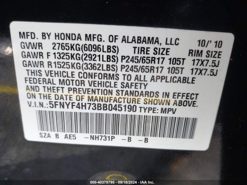 2011 Honda Pilot Exln VIN: 5FNYF4H73BB045190 Lot: 40378795