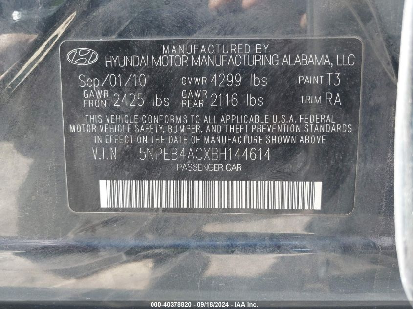 5NPEB4ACXBH144614 2011 Hyundai Sonata Gls