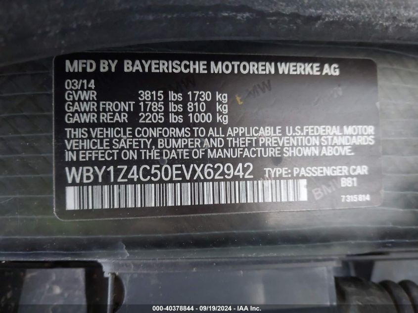 2014 BMW I3 Base W/Range Extender VIN: WBY1Z4C50EVX62942 Lot: 40378844