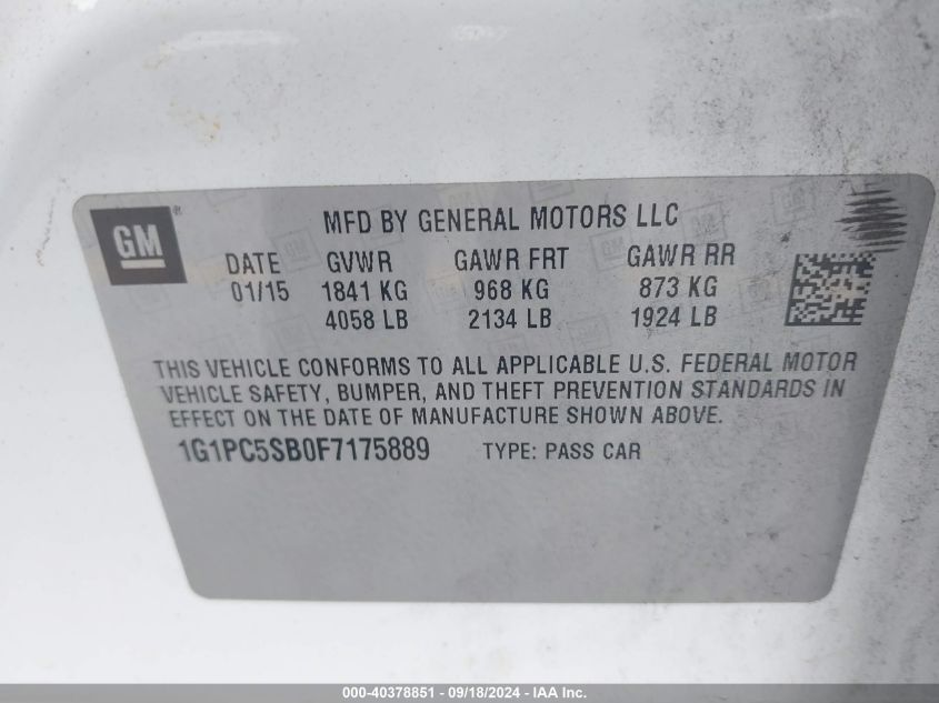 1G1PC5SB0F7175889 2015 Chevrolet Cruze 1Lt Auto