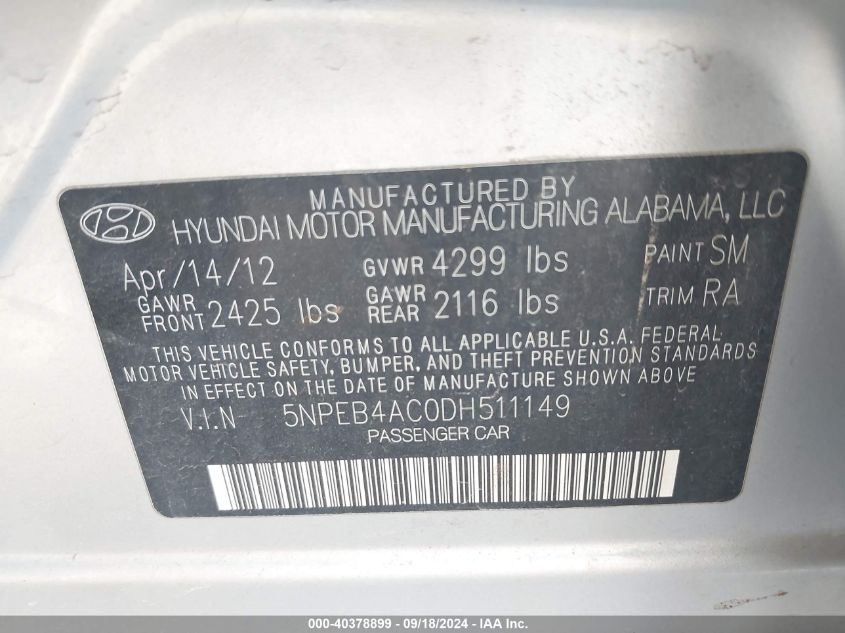 5NPEB4AC0DH511149 2013 Hyundai Sonata Gls