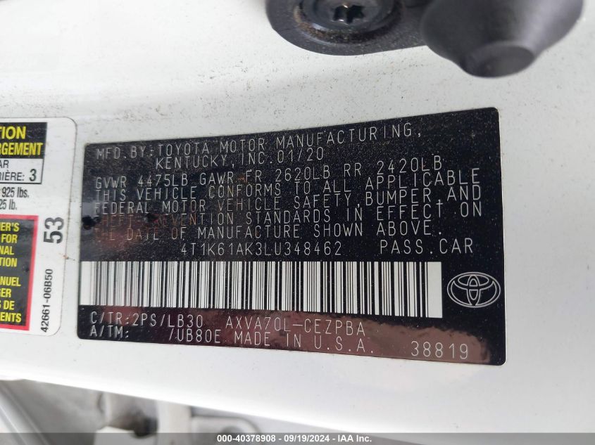 4T1K61AK3LU348462 2020 Toyota Camry Xse