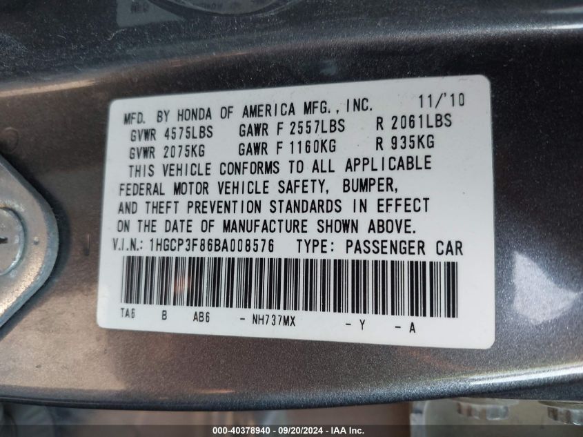 1HGCP3F86BA008576 2011 Honda Accord 3.5 Ex-L