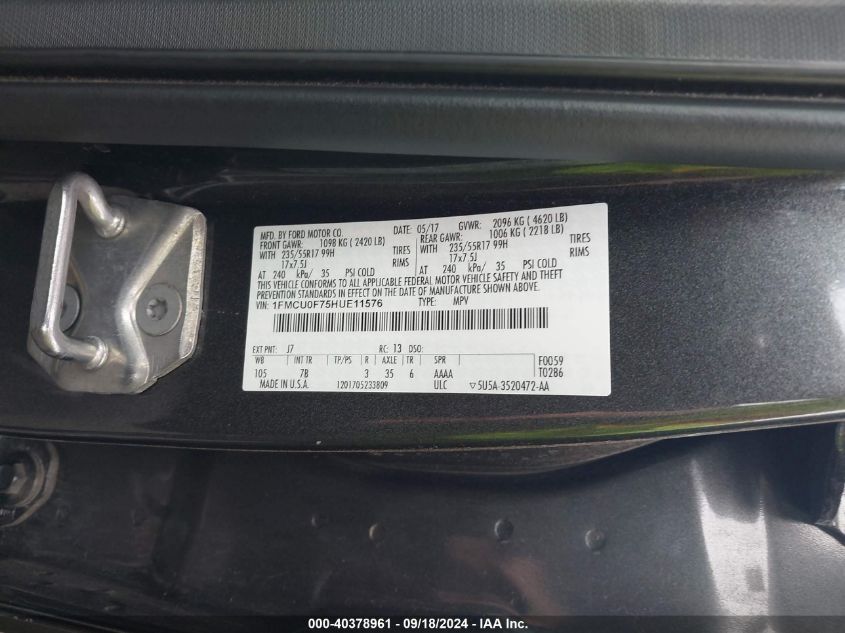 1FMCU0F75HUE11576 2017 Ford Escape S