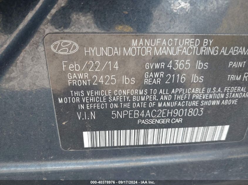 2014 Hyundai Sonata Gls VIN: 5NPEB4AC2EH901803 Lot: 40378976