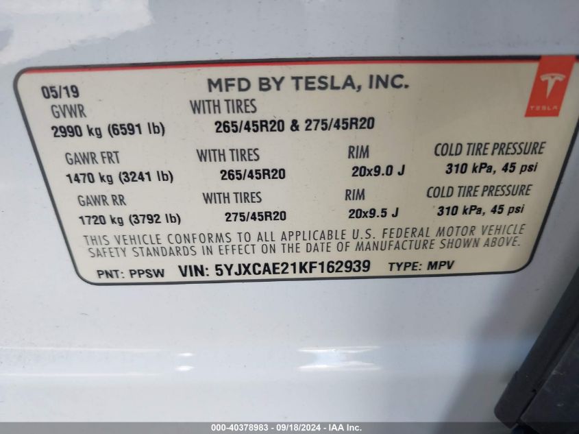 2019 Tesla Model X 100D/75D/Long Range VIN: 5YJXCAE21KF162939 Lot: 40378983