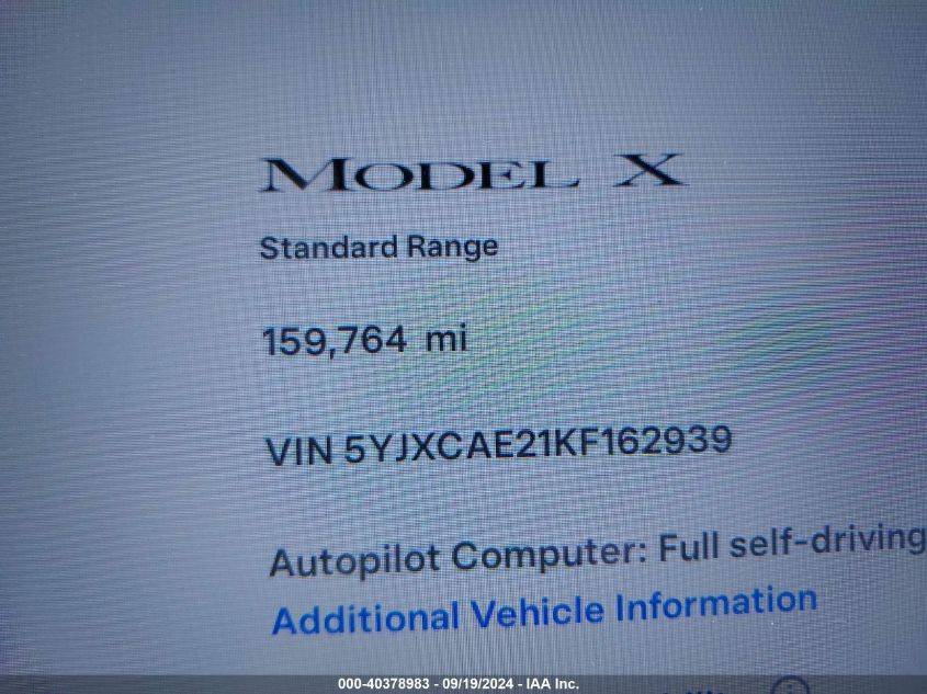 2019 Tesla Model X 100D/75D/Long Range VIN: 5YJXCAE21KF162939 Lot: 40378983