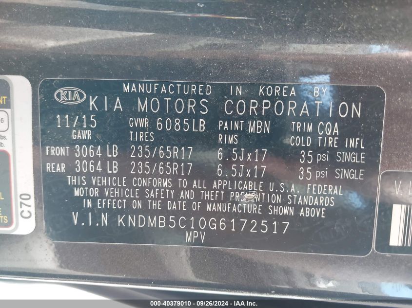 KNDMB5C10G6172517 2016 Kia Sedona Lx