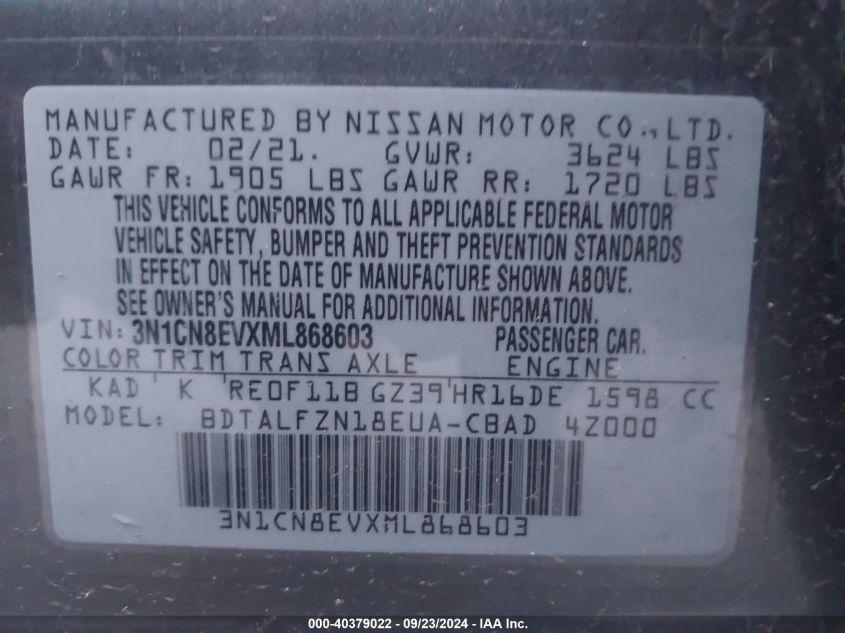 2021 Nissan Versa Sv VIN: 3N1CN8EVXML868603 Lot: 40379022