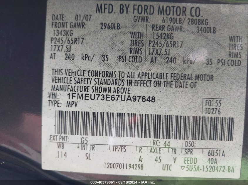 1FMEU73E67UA97648 2007 Ford Explorer Xlt