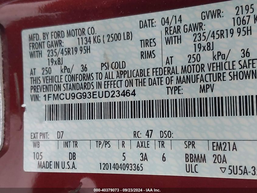 1FMCU9G93EUD23464 2014 Ford Escape Se