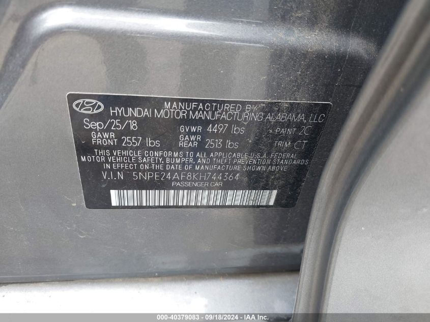 5NPE24AF8KH744364 2019 Hyundai Sonata Se