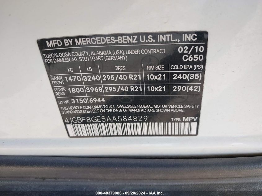 4JGBF8GE5AA584829 2010 Mercedes-Benz Gl 550 4Matic