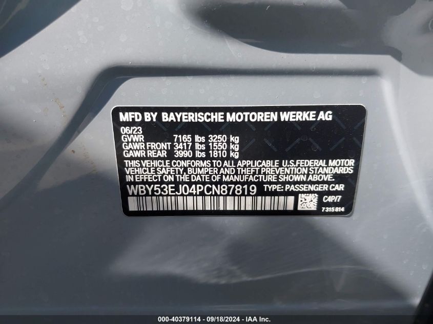 2023 BMW I7 xDrive60 VIN: WBY53EJ04PCN87819 Lot: 40379114