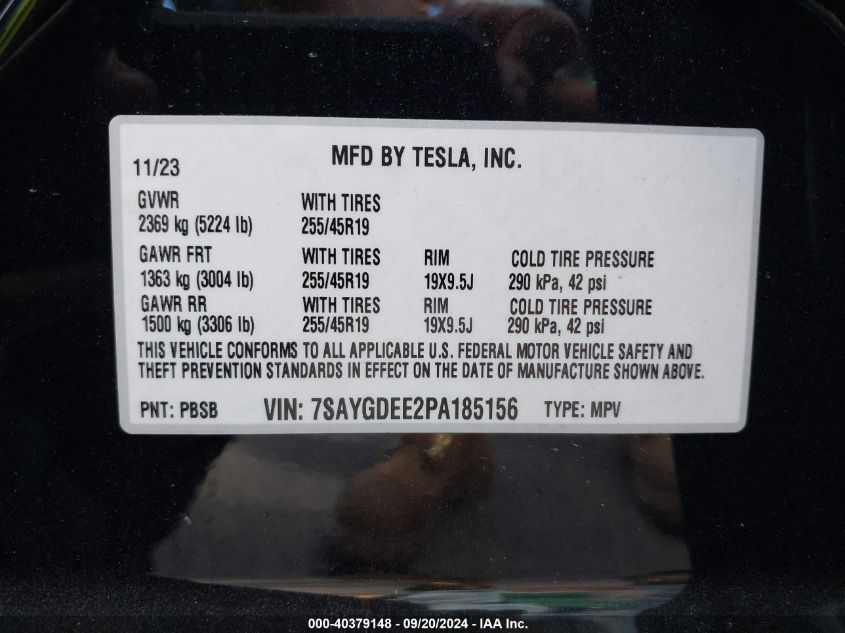 2023 Tesla Model Y Awd/Long Range Dual Motor All-Wheel Drive VIN: 7SAYGDEE2PA185156 Lot: 40379148