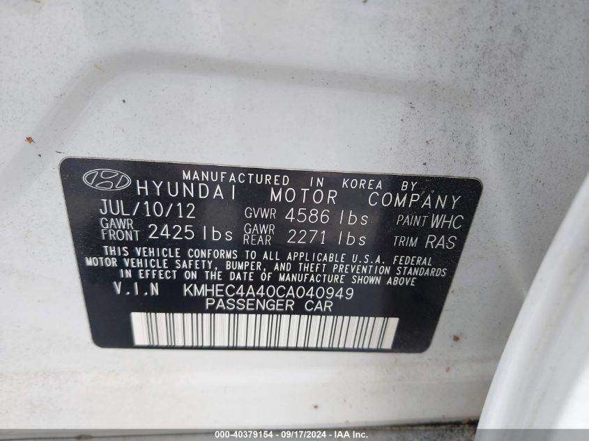 2012 Hyundai Sonata Hybrid VIN: KMHEC4A40CA040949 Lot: 40379154