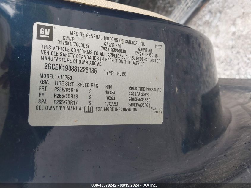 2GCEK190881223136 2008 Chevrolet Silverado 1500 Lt1