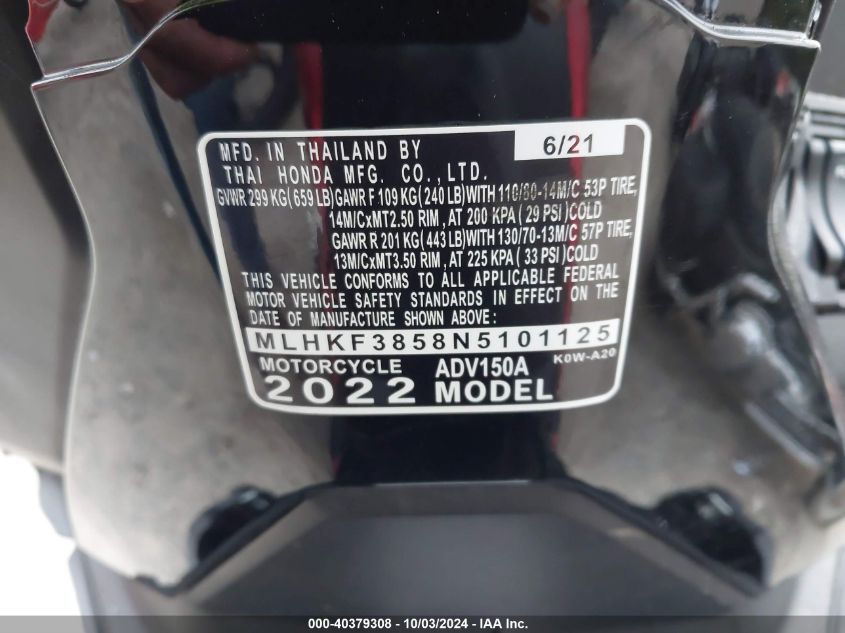 2022 Honda Adv150 A VIN: MLHKF3858N5101125 Lot: 40379308