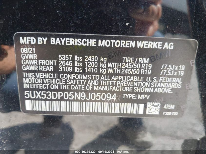 2022 BMW X3 xDrive30I VIN: 5UX53DP05N9J05094 Lot: 40379320