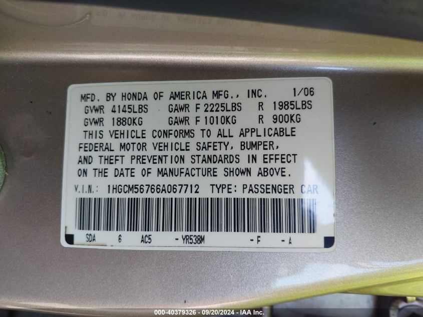 1HGCM56766A067712 2006 Honda Accord 2.4 Ex