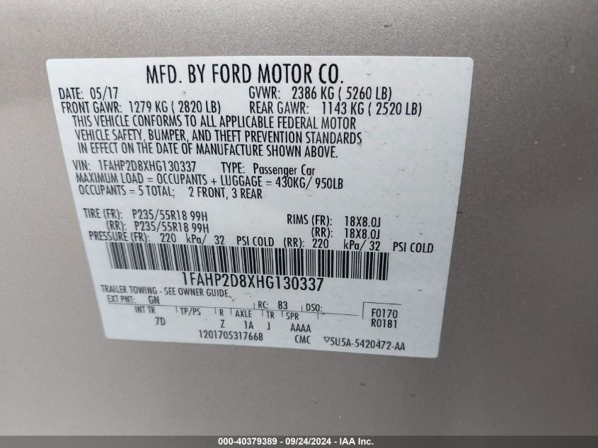 2017 FORD TAURUS SE - 1FAHP2D8XHG130337