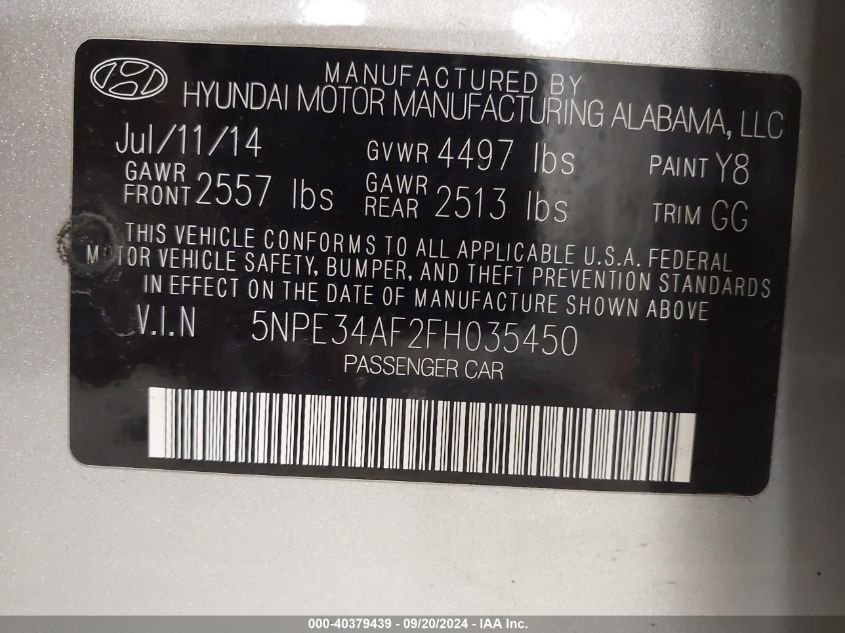 5NPE34AF2FH035450 2015 Hyundai Sonata Limited