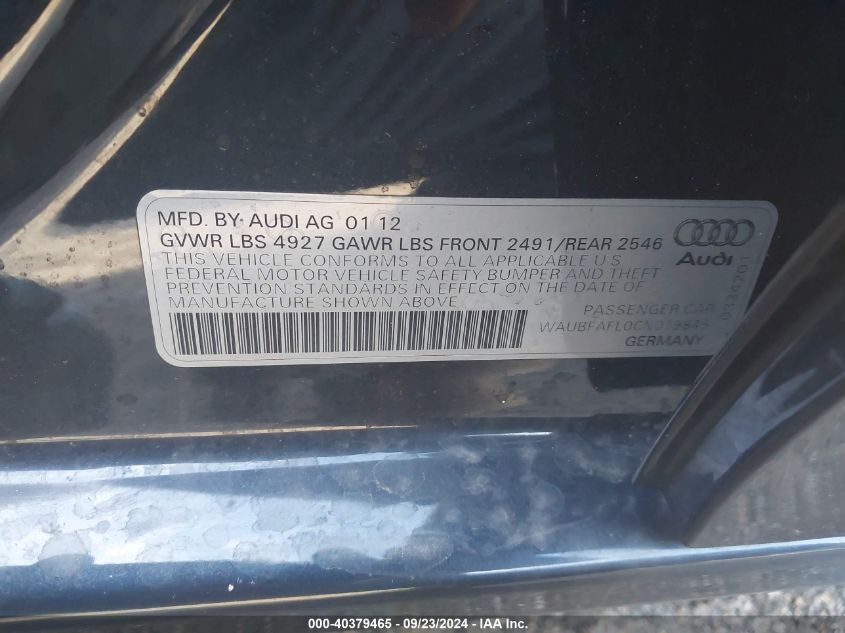 2012 Audi A4 Premium VIN: WAUBFAFL0CN019845 Lot: 40379465