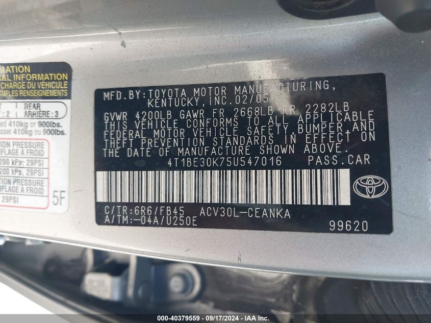 4T1BE30K75U547016 2005 Toyota Camry Le