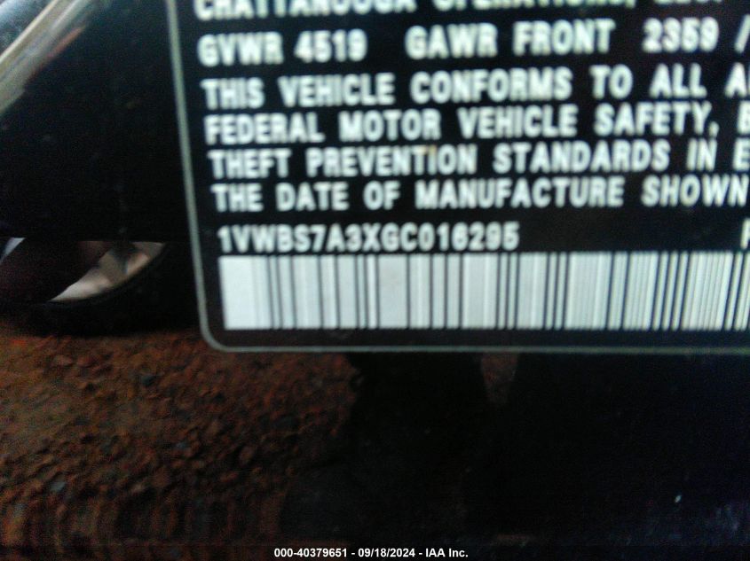 2016 Volkswagen Passat 1.8T Se VIN: 1VWBS7A3XGC016295 Lot: 40379651