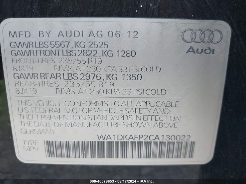 2012 Audi Q5 3.2 Premium Plus VIN: WA1DKAFP2CA130022 Lot: 40379653