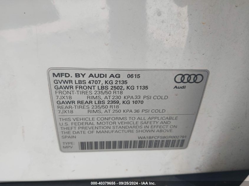 2016 Audi Q3 2.0T Premium Plus VIN: WA1BFCFS8GR002791 Lot: 40379655