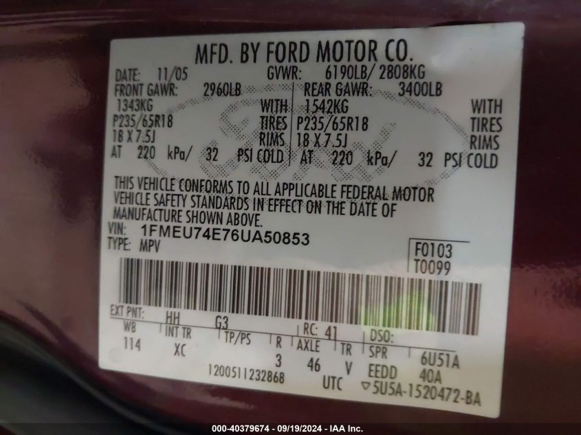 1FMEU74E76UA50853 2006 Ford Explorer Eddie Bauer