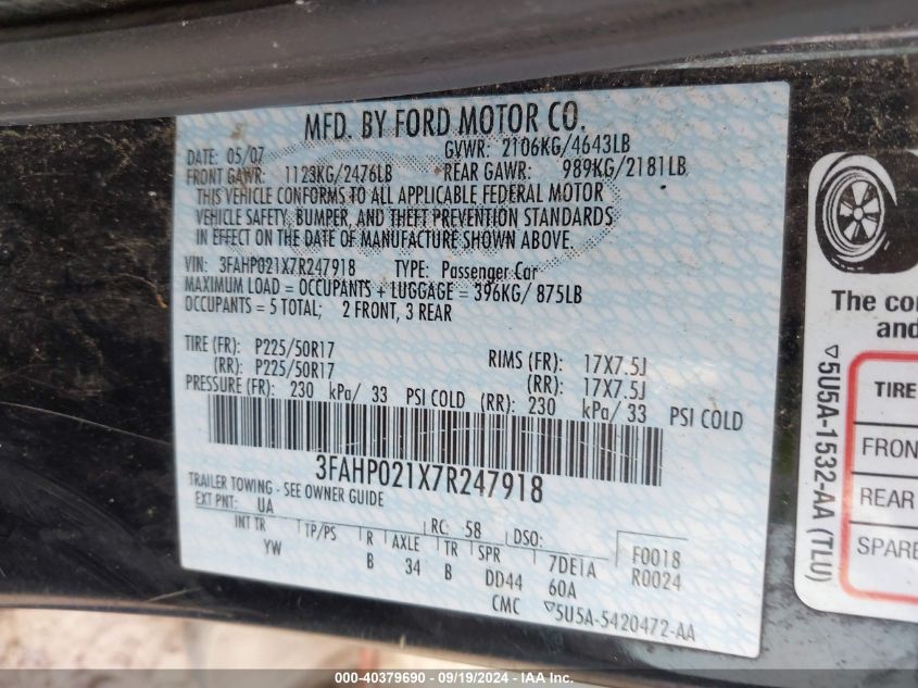 2007 Ford Fusion Sel VIN: 3FAHP021X7R247918 Lot: 40379690