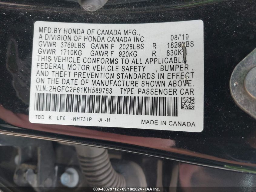 2HGFC2F61KH589763 2019 Honda Civic Lx