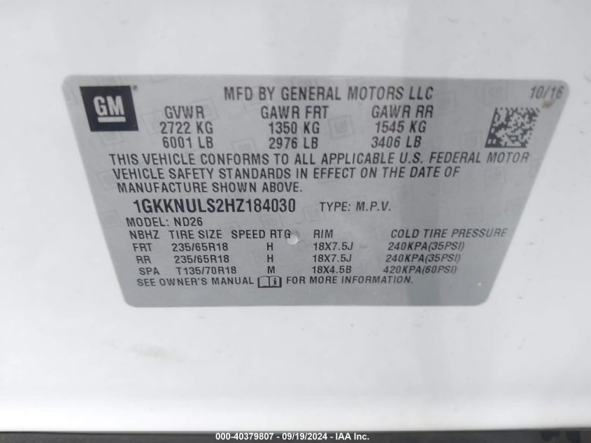 1GKKNULS2HZ184030 2017 GMC Acadia Slt-1