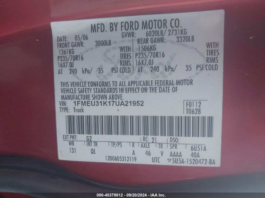 2007 Ford Explorer Sport Trac Xlt VIN: 1FMEU31K17UA21952 Lot: 40379812