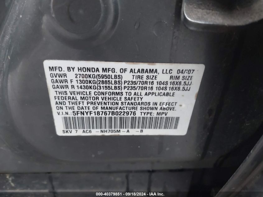 5FNYF18767B022976 2007 Honda Pilot Ex-L